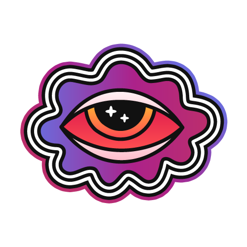 The image features a vibrant, stylized illustration of an eye. The eye is centered within multiple, concentric outlines that ripple outward in layers of purple, blue, pink, and white, giving a psychedelic effect. The eye itself has a reddish sclera, with a large, black pupil surrounded by a ring of light, and three small white reflections suggesting a glossy surface. The overall design has a bold, graphic quality and is set against a black background that makes the colors pop. It's reminiscent of design styles that one might associate with pop art or modern, expressive emblematic imagery.
