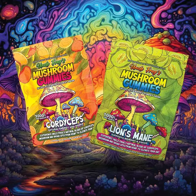 The image features two packets of "Uncle Frog's MUSHROOM GUMMIES," one highlighting "CORDYCEPS" and the other "LION'S MANE," set against a vibrant, psychedelic background. The packets are colored in vivid oranges and greens with illustrations of mushrooms. The background swirls with intense hues of purple, blue, pink, and orange, creating an almost liquid-like appearance with shapes that hint at a landscape of fantastical fungi and plants. The design is reminiscent of artwork from the 1960s and 70s psychedelic movement.
