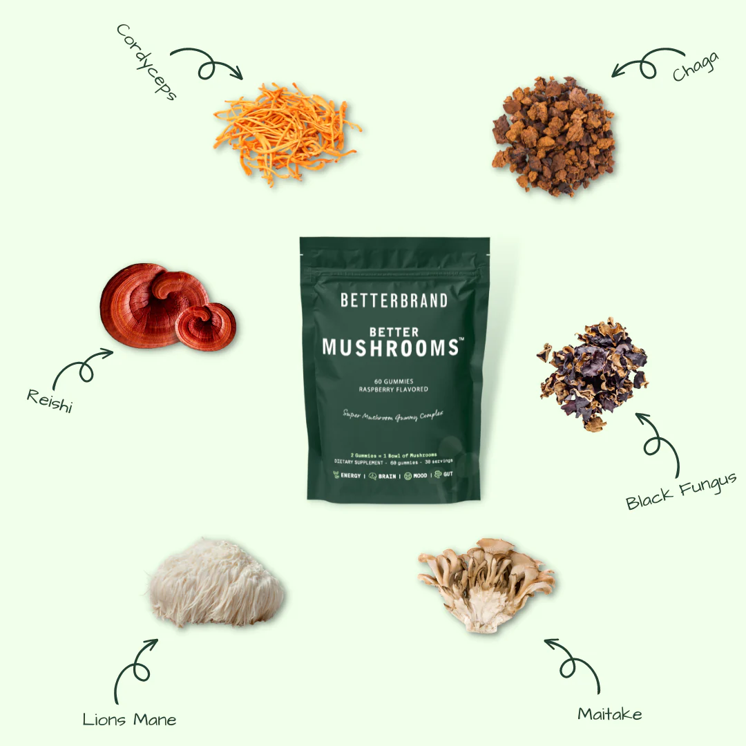 The image shows a variety of mushrooms arranged around a central package labeled "Betterbrand Better Mushrooms." The package contains 60 gummies flavored with raspberry and features mushrooms like Cordyceps, Chaga, Reishi, Black Fungus, Lion's Mane, and Maitake. Each mushroom type is indicated with arrows pointing towards the package, suggesting that these are the ingredients used in the gummies. The overall layout is clean and informative, highlighting the natural components of the product.