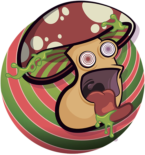 The image is a cartoon-style illustration of a character that appears to be a cross between a mushroom and a dog. It has a large brown mushroom cap with white spots and green slime oozing down. The face is dog-like, with exaggerated, swirling eyes, a large, open mouth, and a tongue hanging out, which also has a bit of the green slime on it. The character looks both astonished and playful. Behind it, there's a circular background with a swirling pattern of red and green stripes, adding to the whimsical and dizzying effect of the overall image.