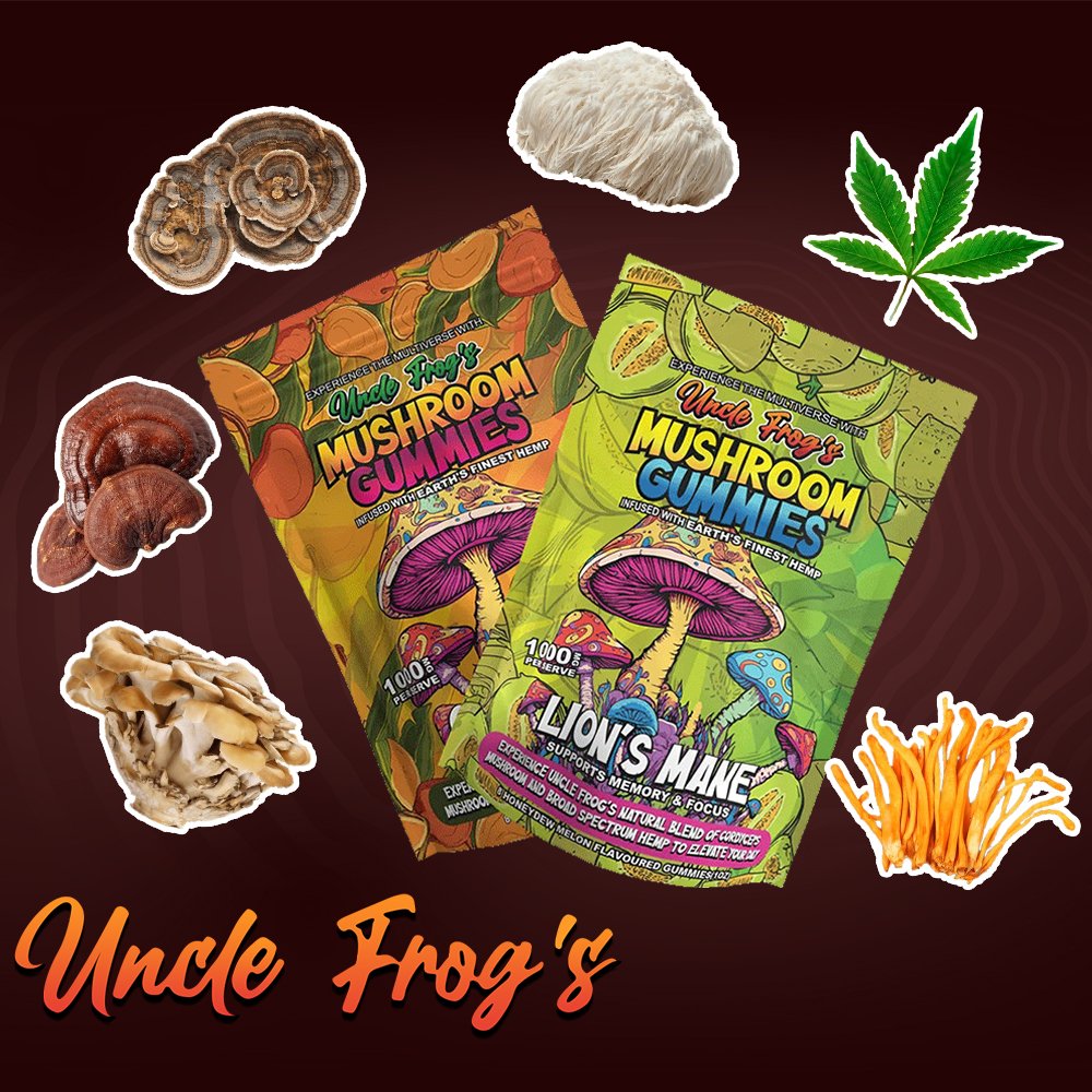 An image featuring a collection of items related to mushrooms. In the center are two colorful packets labeled "Uncle Frog's Mushroom Gummies" with a design depicting cartoon mushrooms and text indicating a 1000 mg potency with mentions of "Lion's Mane" and "Earth's Finest Hemp". Surrounding the packets are illustrations and photos of various mushrooms and a cannabis leaf. In the background, the text "Uncle Frog's" is prominently displayed in a stylized orange font. The mushrooms appear to be reishi, cordyceps, and other types, while the overall image has a brownish background giving it a natural, earthy feel.