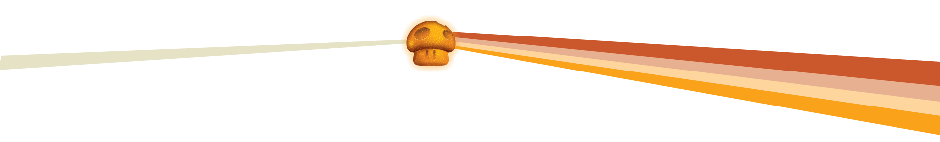 The image depicts a stylized graphic of a mushroom with an orange cap and stalk, situated in the center. From the mushroom, two beams extend in opposite directions along the horizontal axis. On the left, a white beam symbolizes light being emitted or reflected, while on the right, the beam transforms into a spectrum of warm colors ranging from yellow to deep red, suggesting the dispersion of light or possibly the mushroom's influence or effect. The background is black, emphasizing the brightness and color gradation of the beams.
