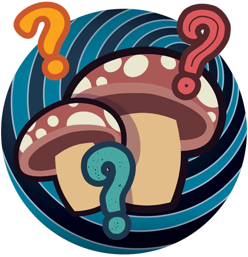 The image is a playful and cartoonish graphic of two stylized mushrooms against a background of dark and light blue concentric circles, creating a hypnotic effect. The mushrooms, one in front of the other, have brown caps with white spots. Adding to the whimsical nature of the illustration, there are three question marks in bright colors of orange, red, and teal with a quirky, bubble-like appearance, floating above the mushrooms. This design gives a sense of curiosity or mystery, possibly indicating a question or puzzle about mushrooms.