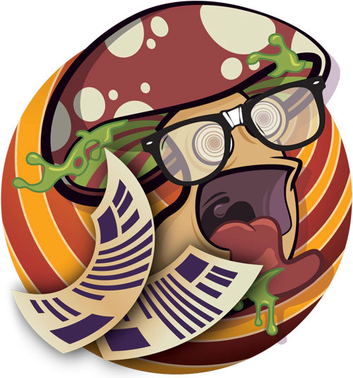 The image presents a humorous and animated depiction of a character that combines elements of a mushroom and a dog. It has a large brown and white spotted mushroom cap, from which green slime appears to be dripping. The character's face is comically exaggerated with wide, round glasses magnifying its swirling eyes, and it has a pronounced, open mouth with a tongue sticking out. It also seems to be holding or interacting with a couple of sheets of paper, one of which is in its mouth, giving the impression that it might be overwhelmed or busy. This is set against a backdrop of swirling red and orange stripes, contributing to the lively and dynamic theme of the artwork.